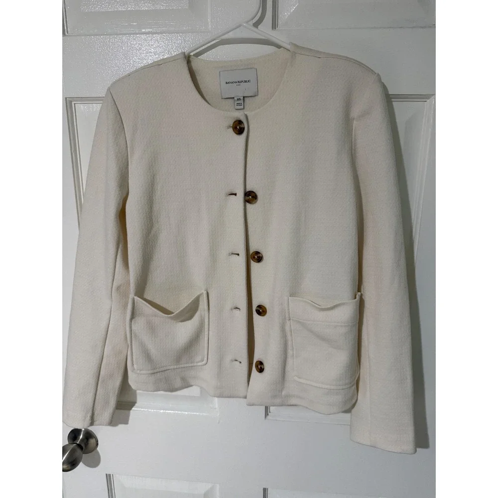 Banana Republic Women XS Cream Collarless Button Front Jacket Blazer Off White